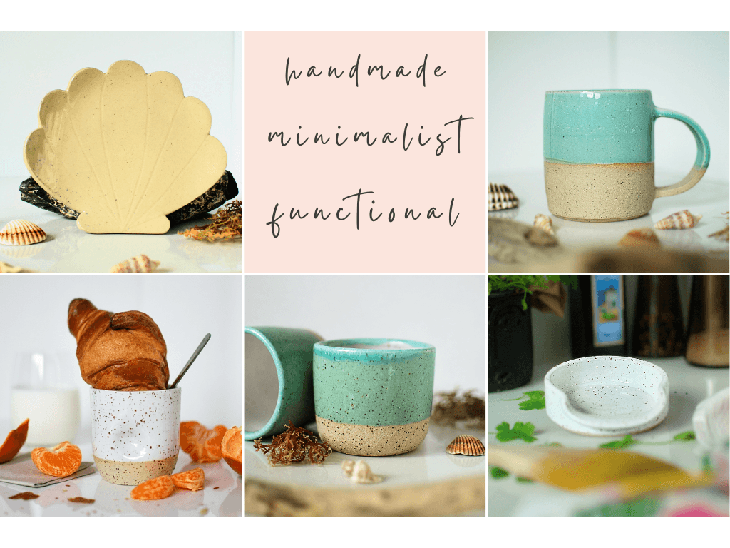 Brand collage featuring handmade ceramics made in Dublin, Ireland, including wheel-thrown ceramic mugs, tumblers, serving platter, fruit bowl and decorative shell dish. Minimalist stoneware pottery with turquoise glazes inspired by the Mediterranean coast, alongside beach and sea photography representing the collection's inspiration.